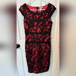 Elegant Black and Red Lace Midi Dress